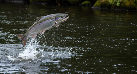 Fototapeta premium salmon, fish, leaping, Salmon Leaping in River