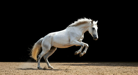 white horse,  horse,  stallion, Majestic White Horse Leaping Against Black Background