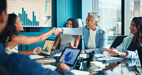 Business people, finance or handshake with ceo in office for partnership, funding agreement or...