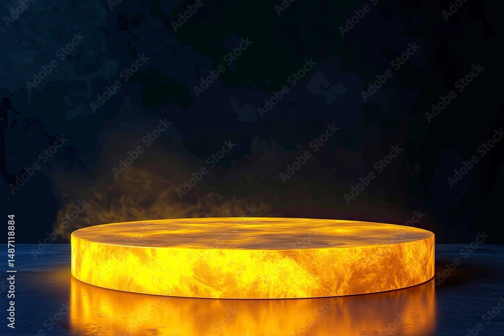 Poster 3d rendering of a yellow, glowing podium on a dark background for product display presentation desig
