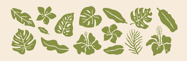 Abstract vector summer tropical set of plants, leaves and flowers