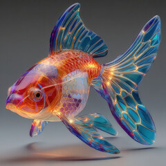 Transparent glass fish sculpture with glowing blue and orange fins, artistic and vibrant
