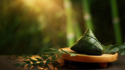 Closeup of vibrant green zongzi wrapped in leaf on wooden plate with sunlight