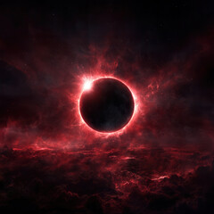 Evil looking solar eclipse with red glowing corona and dark space background