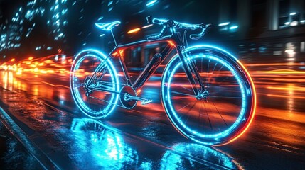 A glowing bicycle with neon lights on a wet street at night with blurred city lights background