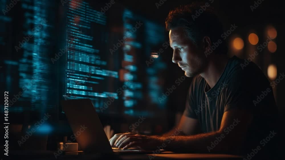 Poster digital architect: a focused individual works on a laptop, surrounded by dynamic code and futuristic