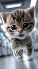 Cute kitten with big eyes running happily indoors on smooth floor