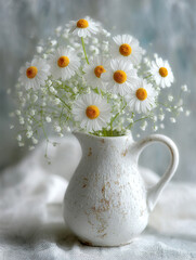 White chamomile flowers with yellow center in rustic white ceramic vase on soft background