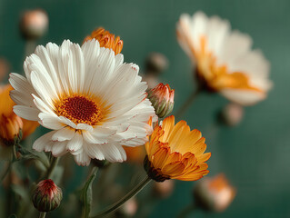 White and orange daisy flowers blooming with green blurred background in soft natural light