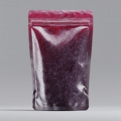 Frozen acai packaging plastic bag with water droplets on gray background, fresh and realistic