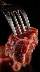 Raw meat piece on fork close up with dark background, fresh and juicy red beef cut