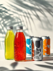 Two glass bottles with yellow and red drinks and three colorful cans on white table with shadows