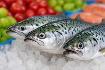 Fresh fish on ice with colorful vegetables in background, showing natural texture and detail