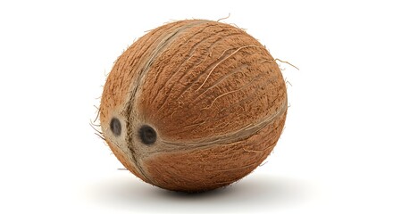 Close-up of a whole coconut viewed from the front, emphasizing texture and eyes