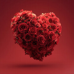 Heart shape made of red roses with romantic and passionate expression on red background