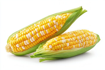 Fresh yellow and white corn cobs with green husks isolated on white background