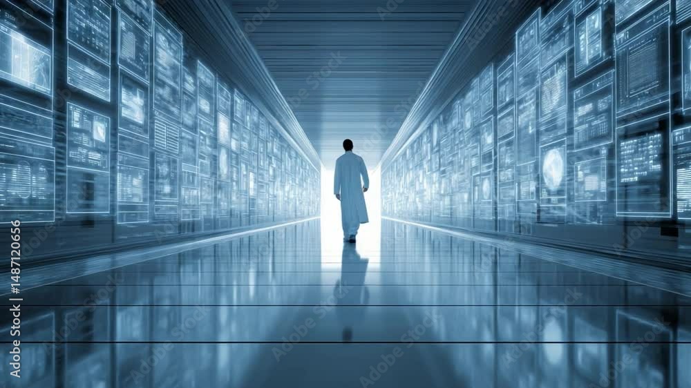 Aufkleber tech corridor's echo: in a mesmerizing visualization, a figure journeys into a futuristic data cente