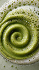 Green matcha tea swirl with creamy foam bubbles in close up macro shot, fresh and vibrant