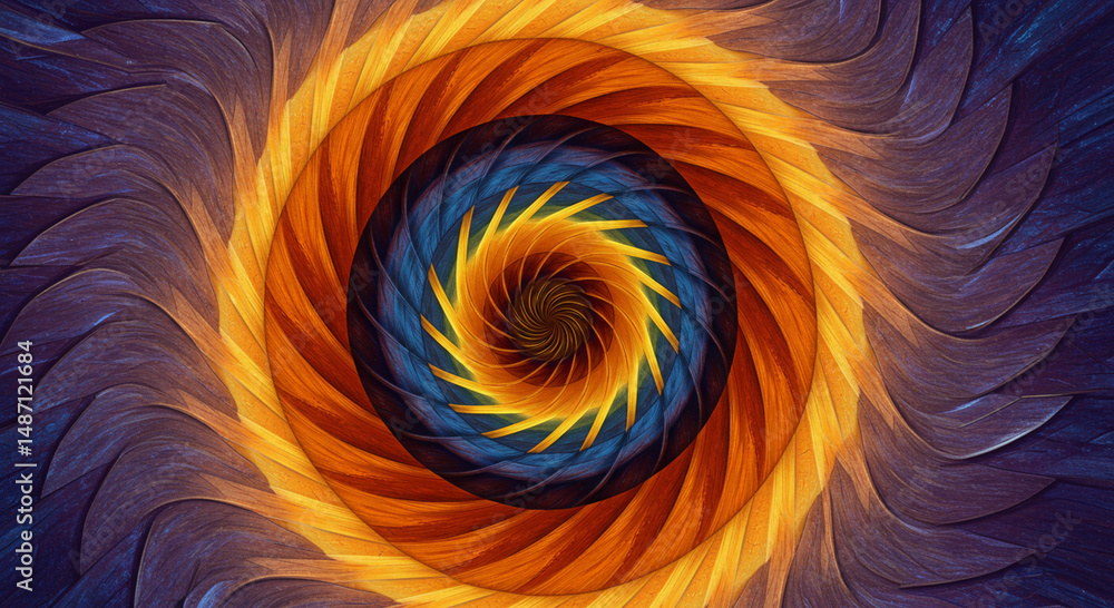 Poster abstract circular fractal design in vibrant hues, a visually striking pattern that evokes a sense of