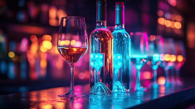 Wine glass and bottles illuminated with vibrant neon lights on a bar counter setting the mood