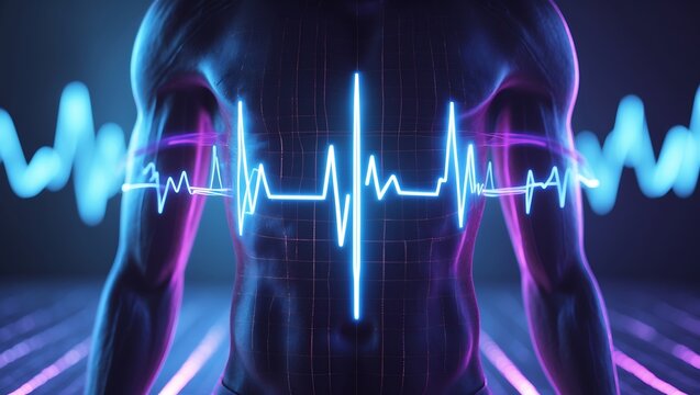 Muscular torso with a glowing heart rate line and abstract background.