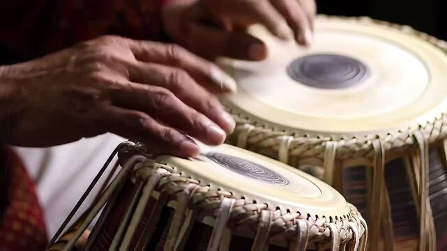 Close-Up of Hands Playing Traditional Indian Tabla Percussion Drums