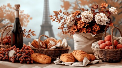 Gourmet picnic celebration in paris france food and drink display autumn vibes artistic perspective