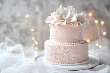 Elegant two-tiered cake adorned with delicate flowers.