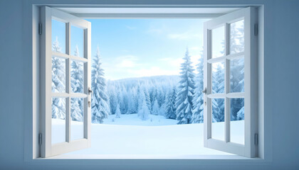 Snowy Winter Forest View from Cottage Window