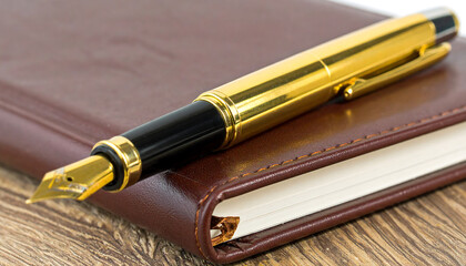 Fototapeta premium Gold fountain pen lies on a brown leather notebook on wood.