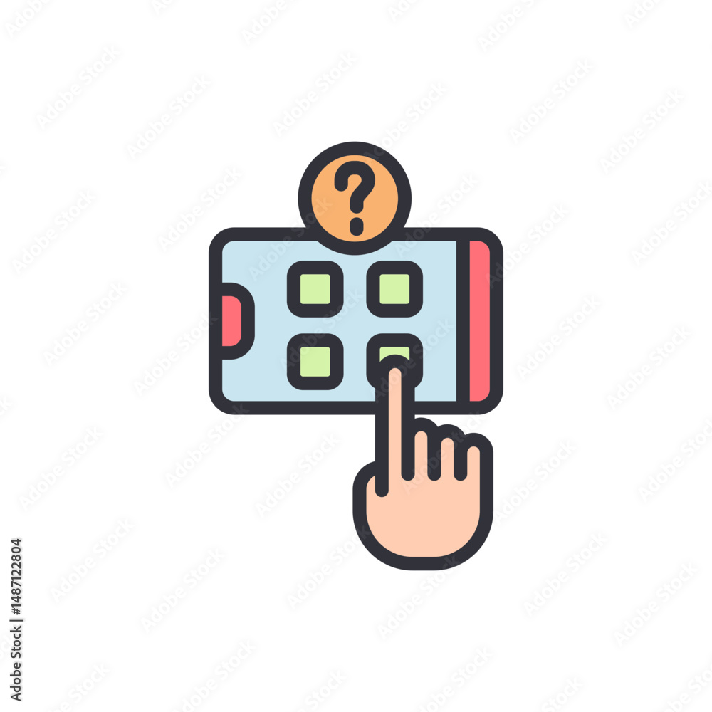 Poster hand interacting with touchscreen device presenting question mark icon