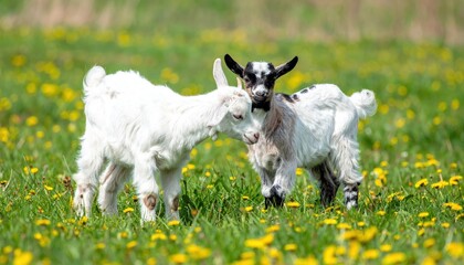Obraz premium Adorable baby goats frolicking in a meadow dotted with vibrant dandelions