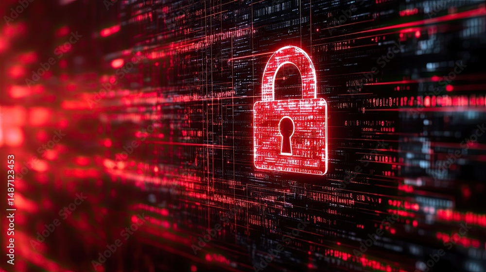 Poster digital lock icon on a laptop screen, symbolizing the concept of cybersecurity in modern computing
