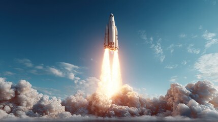 Rocket Launch Against Clear Blue Sky with Vibrant Flames and Dramatic Cloud Formation, Symbolizing Exploration and Innovation in Space Technology