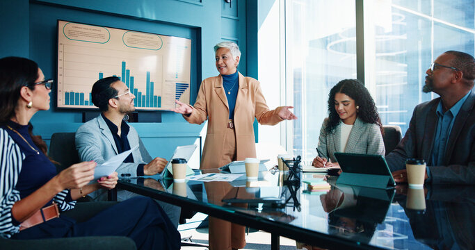 Business people, speech or meeting with presentation for corporate performance or statistics at office. Group, speaker or talking with employee or team for company data, review or growth at workplace