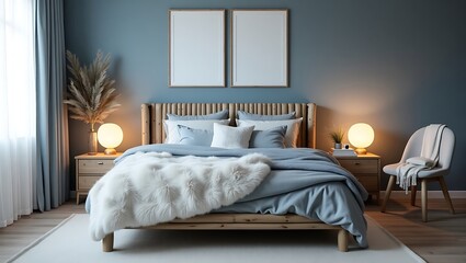 Nordic winter-themed bedroom faux fur throws, birchwood furniture, and frosted glass lamps, rendered with cool blue daylight tones