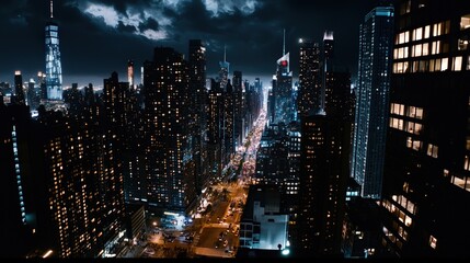Obraz premium Urban nightscape illuminated skyscrapers and streets new york city aerial view city life modern architecture