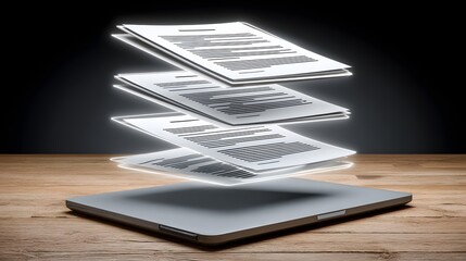 Amidst a dark, futuristic backdrop, holographic bankruptcy documents shine brightly, displaying detailed financial information. The image conveys the gravity of a financial crisis in a