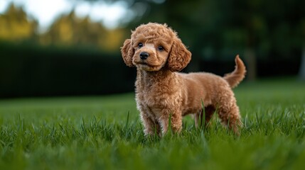 Fototapeta premium Playful poodle puppy frolicking in a lush green park captivating pet photography serene outdoor setting