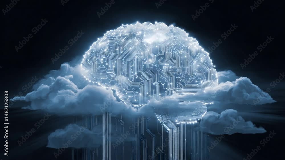 Poster cloud brain: a captivating conceptual image depicting a luminous brain nestled in the fluffy embrace