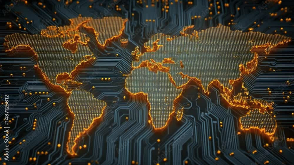Poster global connectivity: digital circuits form a glowing map of the world, symbolizing interconnectednes