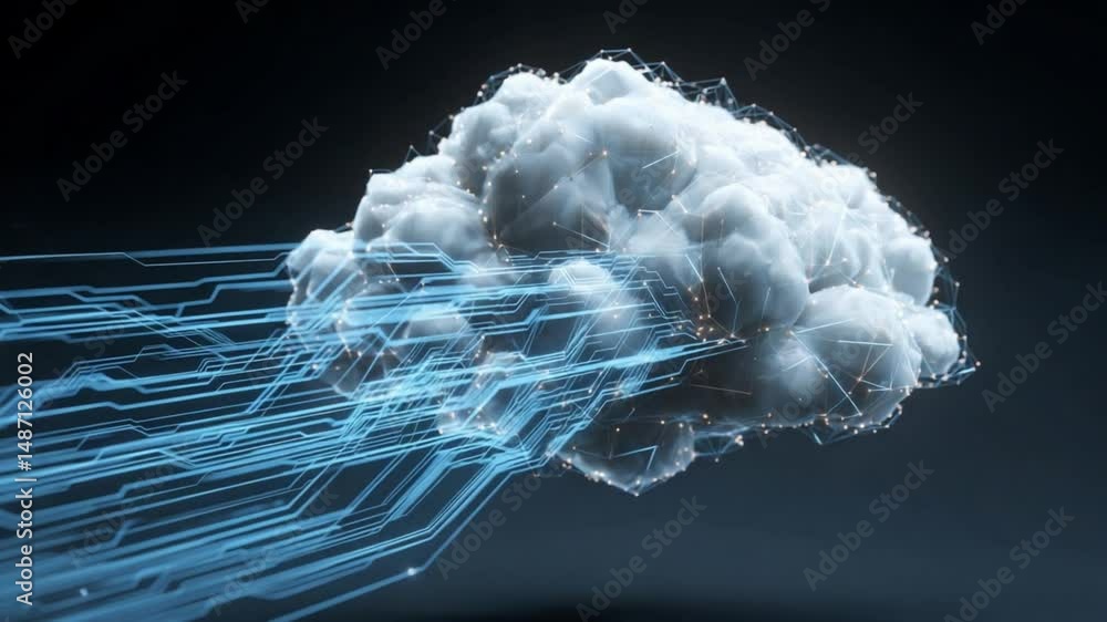 Poster cloud computing: a futuristic conceptual illustration showcasing a fluffy white cloud connected by s