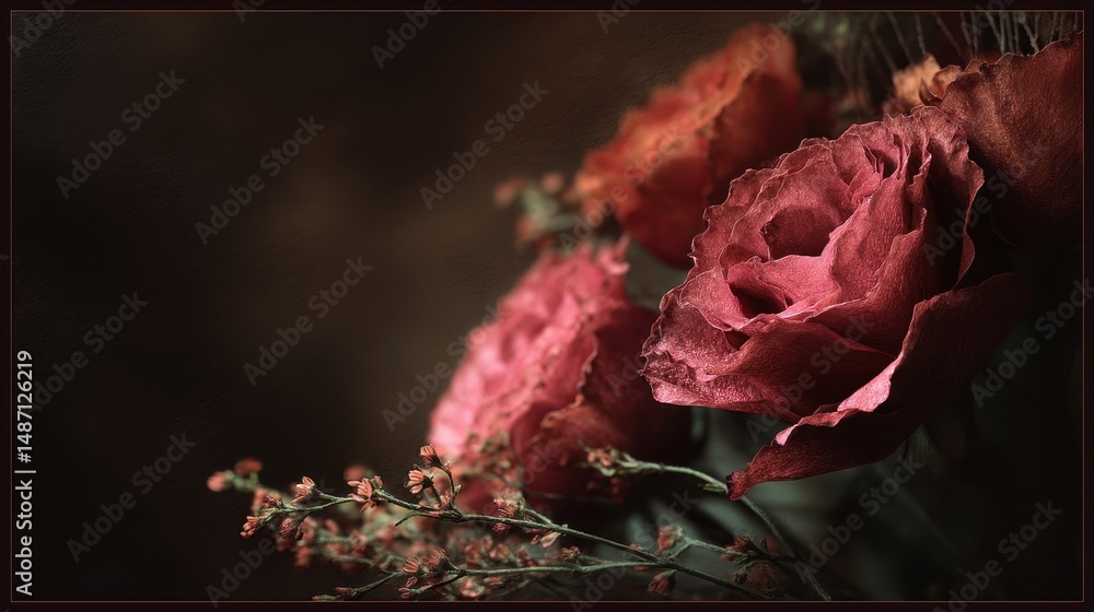 Poster beautiful close-up of delicate red roses with subtle lighting creating an enchanting and romantic at