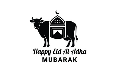 Eid al-Adha Mubarak Vector with Cow and Mosque Symbol for Islamic Festival Celebration