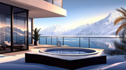 Fototapeta premium Luxurious hot tub with scenic mountain view modern balcony digital art serene environment elevated perspective