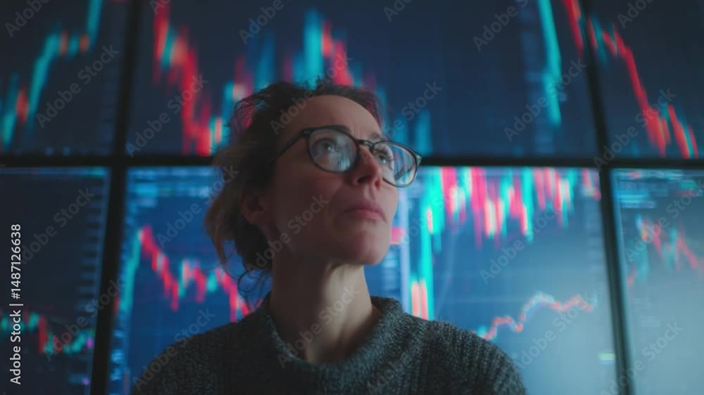 Poster data analyst with charts: a female analyst gazes intently at multiple screens displaying fluctuating