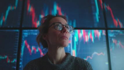 Data Analyst with Charts: A female analyst gazes intently at multiple screens displaying fluctuating data charts, hinting at both the complexities and opportunities of data analysis.   - Powered by Adobe