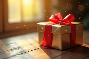 Sunlight illuminating a beautifully wrapped gift , package, surprise