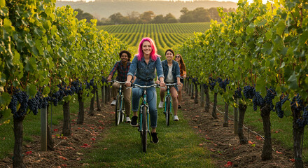 Friends enjoying a cycling adventure amidst the lush vineyards a sun-drenched tour through rows of grapes creates lasting memories and connection