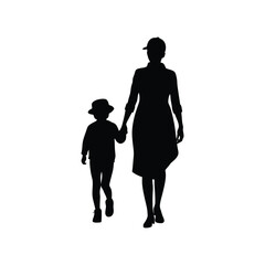 Silhouette of a mother and child walking together hand in hand on white background